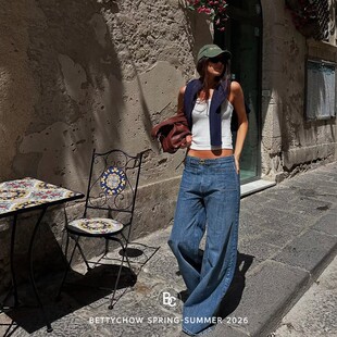 棉质休闲宽松女士长裤 Bettychow 有腰带丹宁牛仔蓝阔腿微喇叭裤