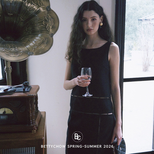 Bettychow 圆领设计感优雅A字裙 中古羊毛镂空黑灰色连衣裙无袖