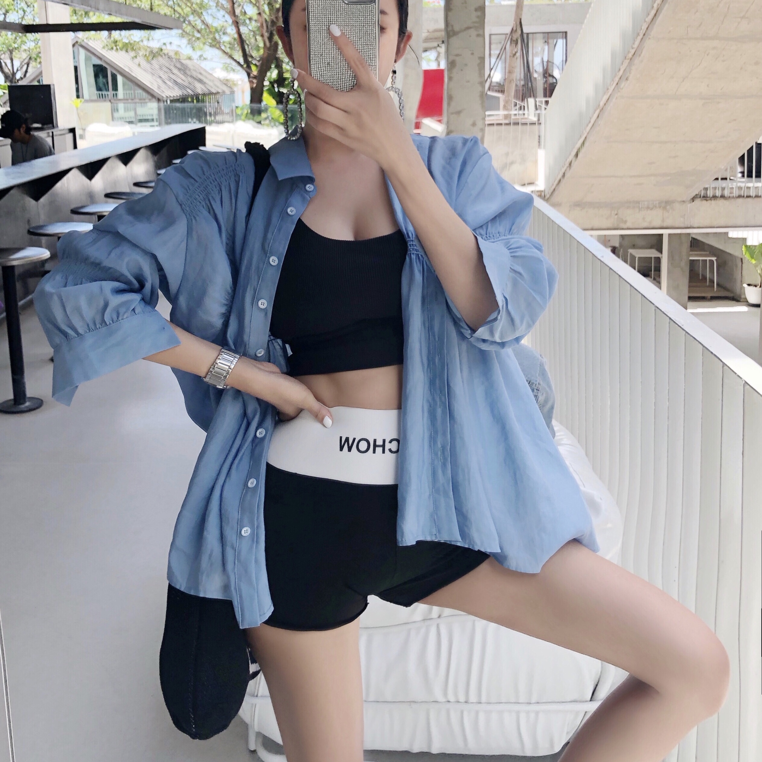 满128.00元可用1元优惠券BettyChow 黑白两色运动卷边短裤女 透气休闲高腰 2019夏季新款