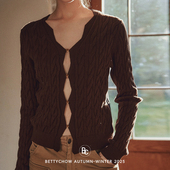 Bettychow 小金豆羊毛混纺贝壳镂空毛衣咖啡棕设计感开衫 外套