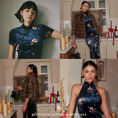 Bettychow 连衣裙 复古油画气质优雅修身 花朵真丝丝绒旗袍短袖 无袖