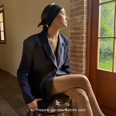 深蓝色亚麻宽肩收腰中长款西装