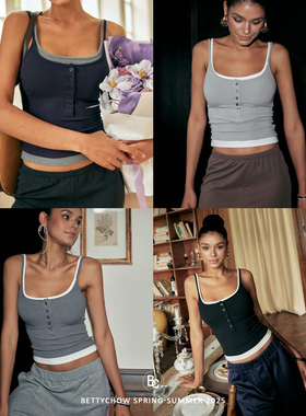 Bettychow 升级版！桑蚕丝胸垫一体真丝吊带背心假2件黑白蓝灰