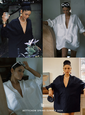 Bettychow 洗水亚麻宽松衬衫连衣裙时髦小众设计款式防晒衫