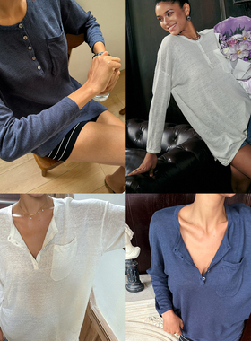 Bettychow 亚麻棉亨利领轻薄针织衫白色深蓝色ins慵懒风宽松Tee