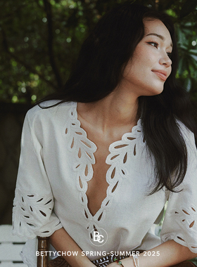 Bettychow 棉质镂空花朵5分袖白色上衣时尚法式优雅通勤度假衬衣
