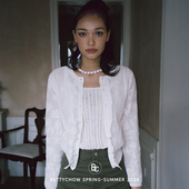 Bettychow 通勤风高级感上衣 法式 白色镂空花边圆领长袖 针织开衫
