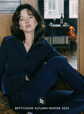 Bettychow 蓝色系大下摆羊毛拼接缎面开衫小众设计时髦撞色针织衫