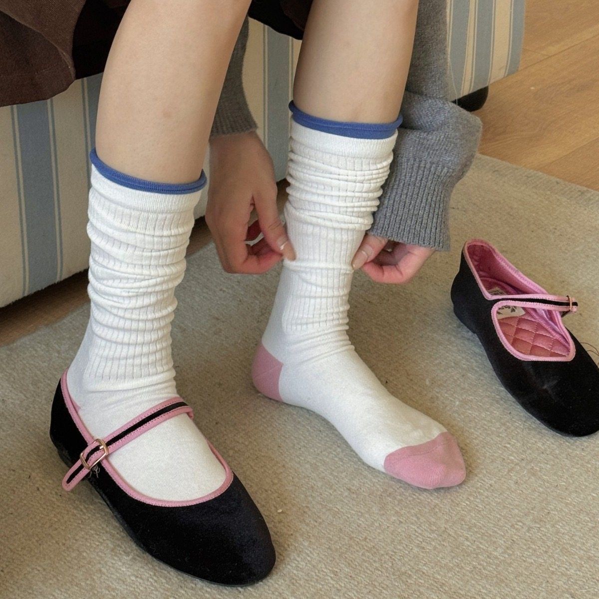 IOULOR春秋日系拼接罗口长筒堆堆袜女ins风韩系无骨及膝小腿袜子,女士内衣/男士内衣/家居服,长筒袜,淘宝优惠券,粉丝福利购,淘宝优惠卷