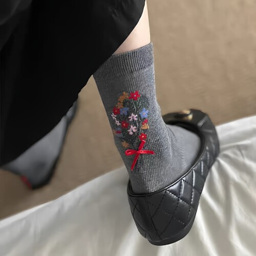 显瘦女棉质碎花蝴蝶结无骨堆堆袜