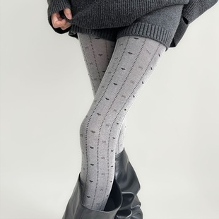 春秋微透复古镂空爱心蝴蝶结灰色打底裤 袜 女配靴子竖条纹外穿连裤