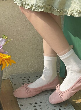 IOULOR春夏薄款花苞口袜子女中筒袜白色玻璃丝甜美堆堆袜网眼棉袜