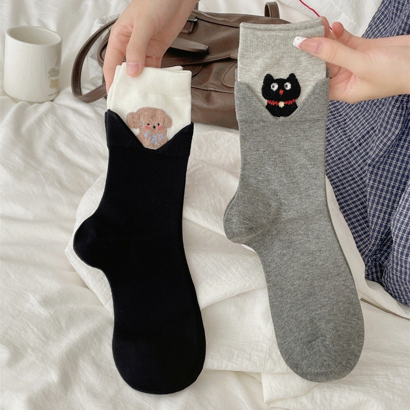 可爱女棉质双罗口立体猫咪中筒袜