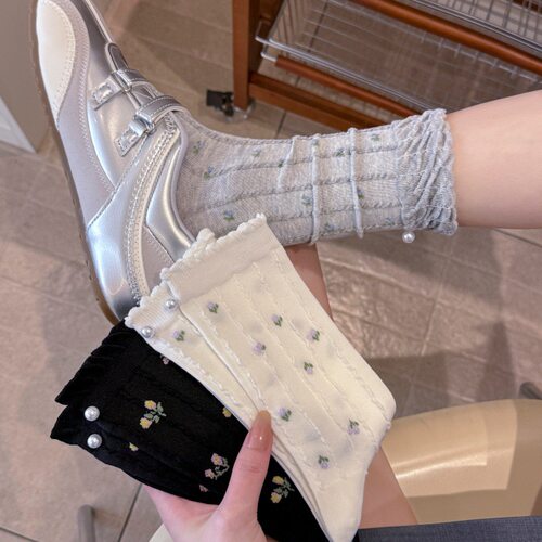 透气女棉质珍珠小碎花无骨中筒袜