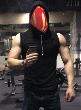 清仓砍袖健身连帽衫男白运动背心