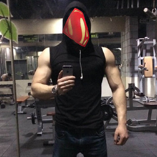 清仓夏带帽棉衣服砍袖健身修身坎肩无袖t恤连帽衫男白运动背心潮