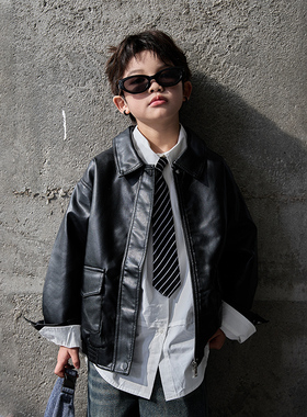 男童外套春秋款2026新款春装儿童洋气皮衣机车宝宝皮夹克时髦上衣