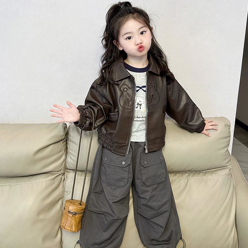 女童春秋款皮衣外套2025儿童卡通休闲衣服宝宝网红洋气加绒皮夹克
