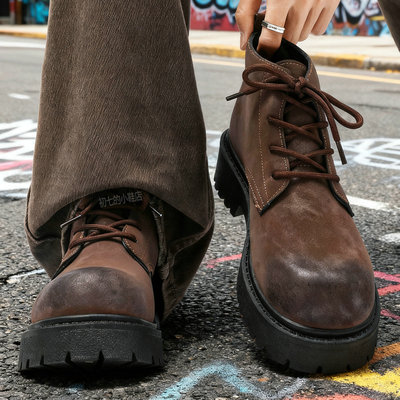 马丁靴男鞋中帮复古短靴美式矮帮增高德比鞋棕色痞帅小众机车靴子