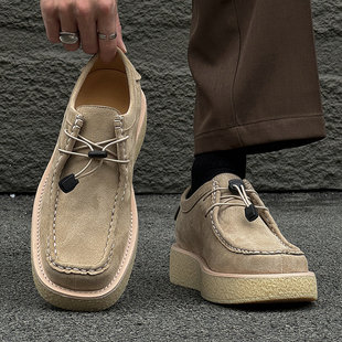 袋鼠鞋男士皮鞋方头真皮厚底复古英伦休闲平头日式翻毛皮夏季板鞋