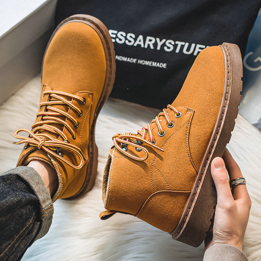 马丁靴男士高帮反绒复古短靴登山磨砂工装靴黄色大黄靴卡其色男鞋