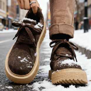 德比鞋男鞋冬季皮鞋加绒鞋复古日系大头反毛磨砂厚底棕色棉鞋加厚