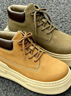 马丁靴男鞋秋冬中帮短靴厚底休闲矮帮短筒户外复古百搭黄色工装靴