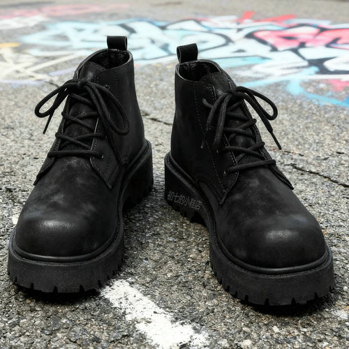 男士马丁靴复古短靴英伦厚底增高靴子中帮皮鞋短筒哑光黑色机车靴