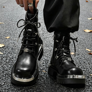 马丁靴男鞋 高帮欧美机车靴黑色真皮小众朋克风帅气街头增高皮靴子
