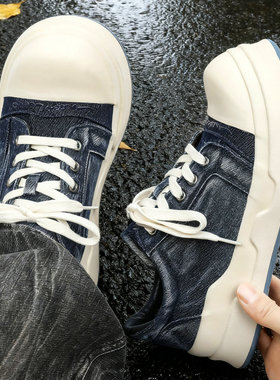 帆布鞋男鞋蓝色水洗牛仔布面厚底休闲低帮潮流板鞋大头面包鞋小众