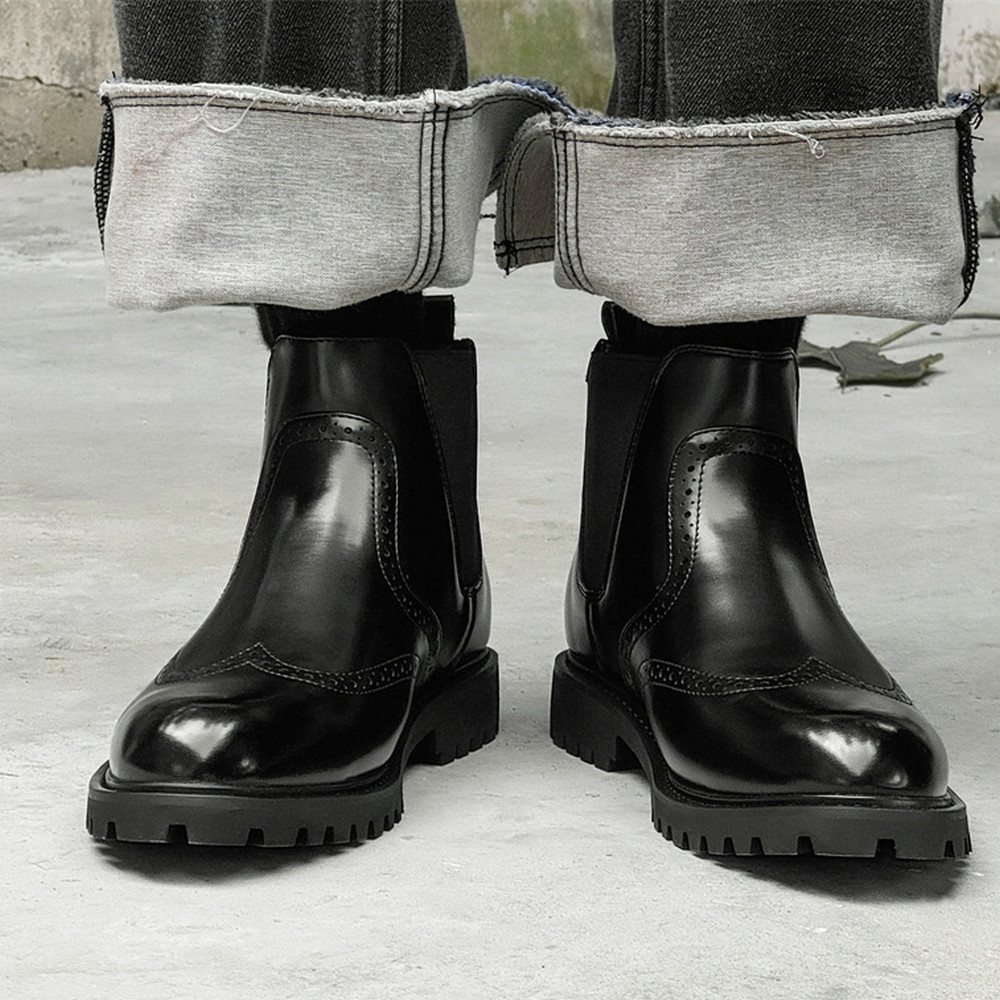 切尔西靴男士真皮英伦风雕花尖头黑色高帮皮靴欧美短靴休闲马丁靴