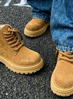 大黄靴男美式高帮马丁靴黑色增高复古磨砂小众机车靴高级感工装靴