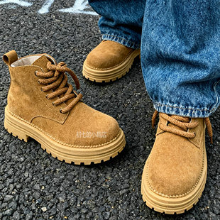 大黄靴男美式高帮马丁靴黑色增高复古磨砂小众机车靴高级感工装靴