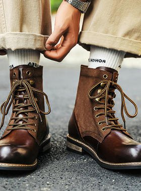 伞兵靴男士复古英伦马丁靴真皮美式工装靴子小众高级感骑士作战靴