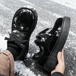 皮鞋男鞋冬季德比鞋复古圆头磨砂反绒日系工装鞋加绒厚底棉鞋保暖