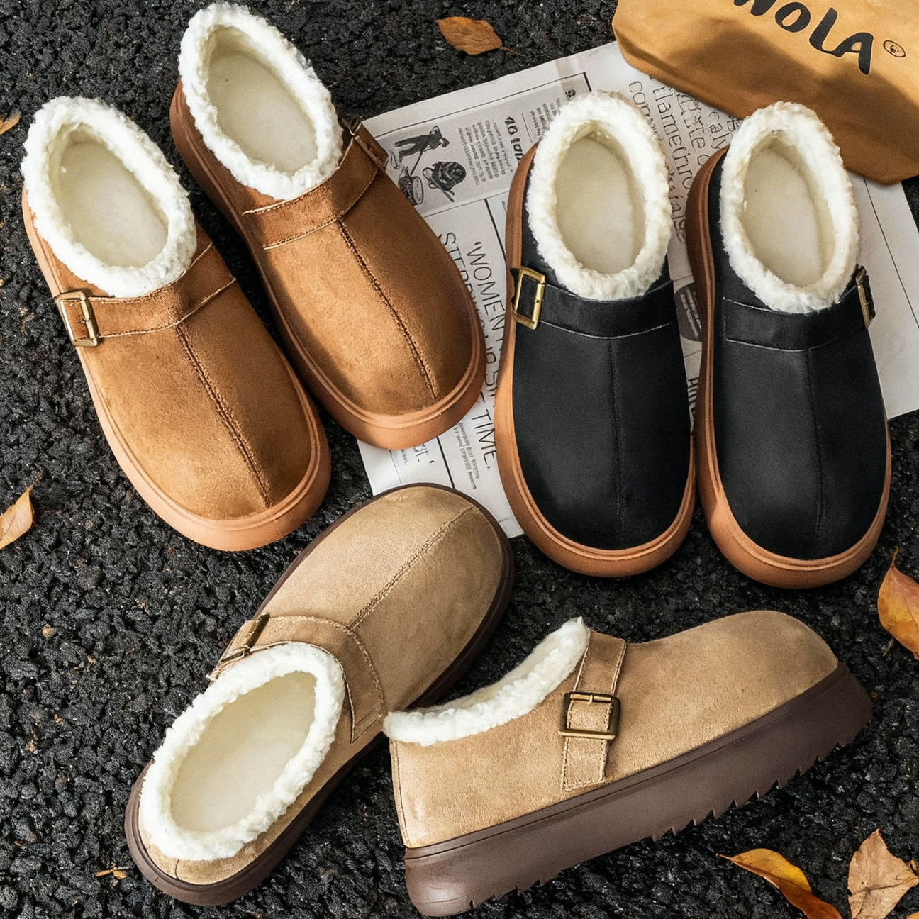 大头男鞋冬季面包鞋加绒一脚蹬懒人雪地靴卡皮巴拉复古小众二棉鞋