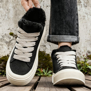 加绒男鞋子冬季板鞋中帮棉鞋皮面休闲韩版厚底雪地靴短筒加厚短靴