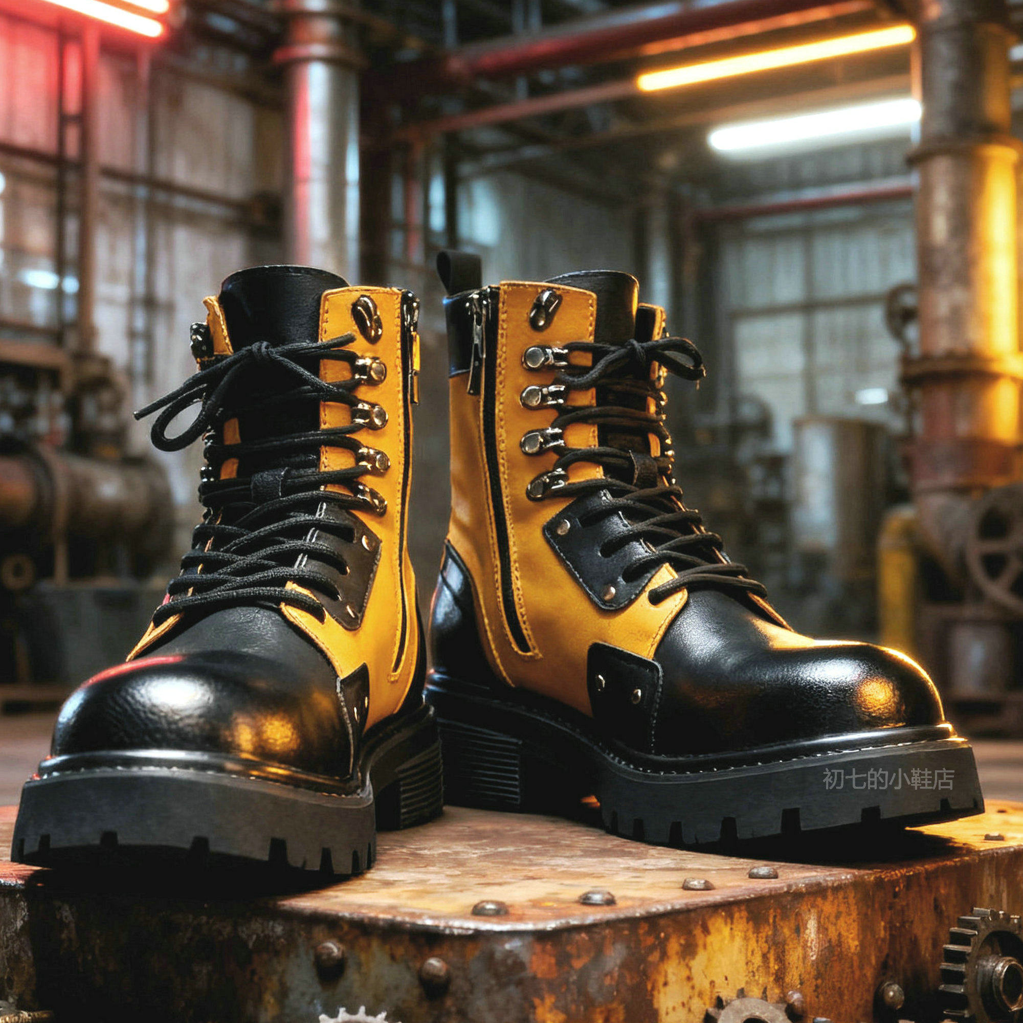 男士马丁靴高帮靴子美式拉链防水登山靴户外工装靴拼接拼色机车靴