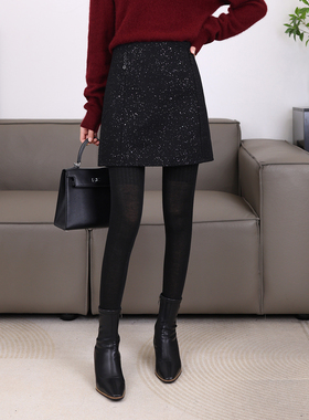 格雷系亮片毛呢半身裙女冬季2025新款高级感重工烫钻a字短裙21699