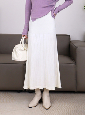 针织百褶半身裙女秋冬新款松紧高腰显瘦垂感休闲a字大摆长裙21674