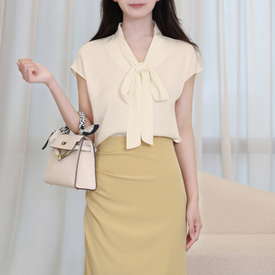 【新春特惠】小飞袖缎面飘带蝴蝶结飞飞袖衬衫气质短袖衬衣25022