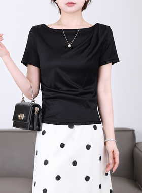 【年终大促】醋酸一字领短袖T恤女夏季压褶洋气半袖上衣28110