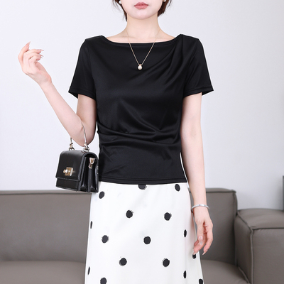 【年终大促】醋酸一字领短袖T恤女夏季压褶洋气半袖上衣28110