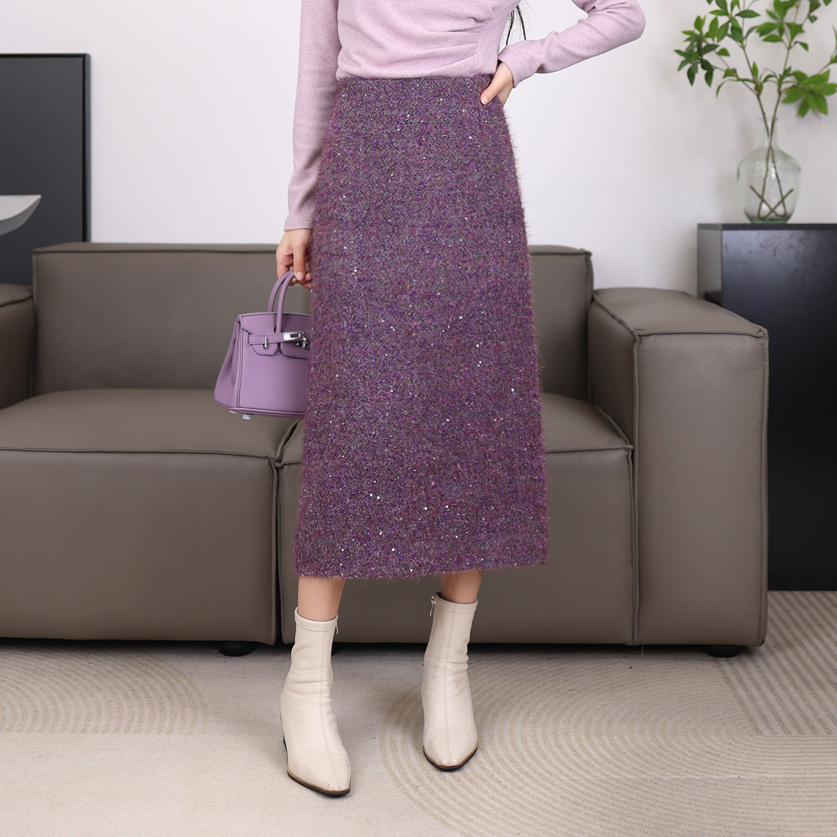 粗花呢羊毛小香风亮丝半身裙秋冬2025新款高级感百搭直筒裙 12100