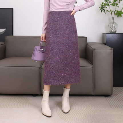 粗花呢羊毛小香风亮丝半身裙秋冬2025新款高级感百搭直筒裙 12100