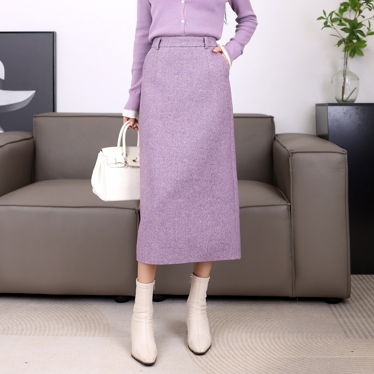 高级感口袋羊毛呢半身裙秋冬2025新款高腰显瘦a字裙开叉包臀长裙,女装/女士精品,半身裙,淘宝优惠券,粉丝福利购,淘宝优惠卷