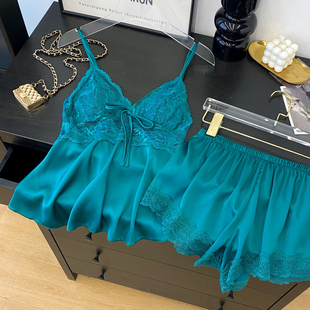 缎面吊带睡衣套装 vs同款 带胸垫性感显白家居服 绝版 卡布里蓝