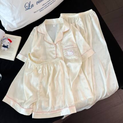 冰丝kitty睡衣女夏季新款可爱波点甜美冰丝绸短袖家居服套装