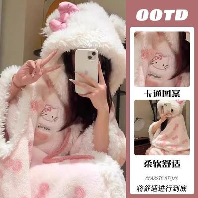 HelloKitty凯蒂猫连帽珊瑚绒睡袍秋冬季加厚毛绒斗篷睡衣女家居服