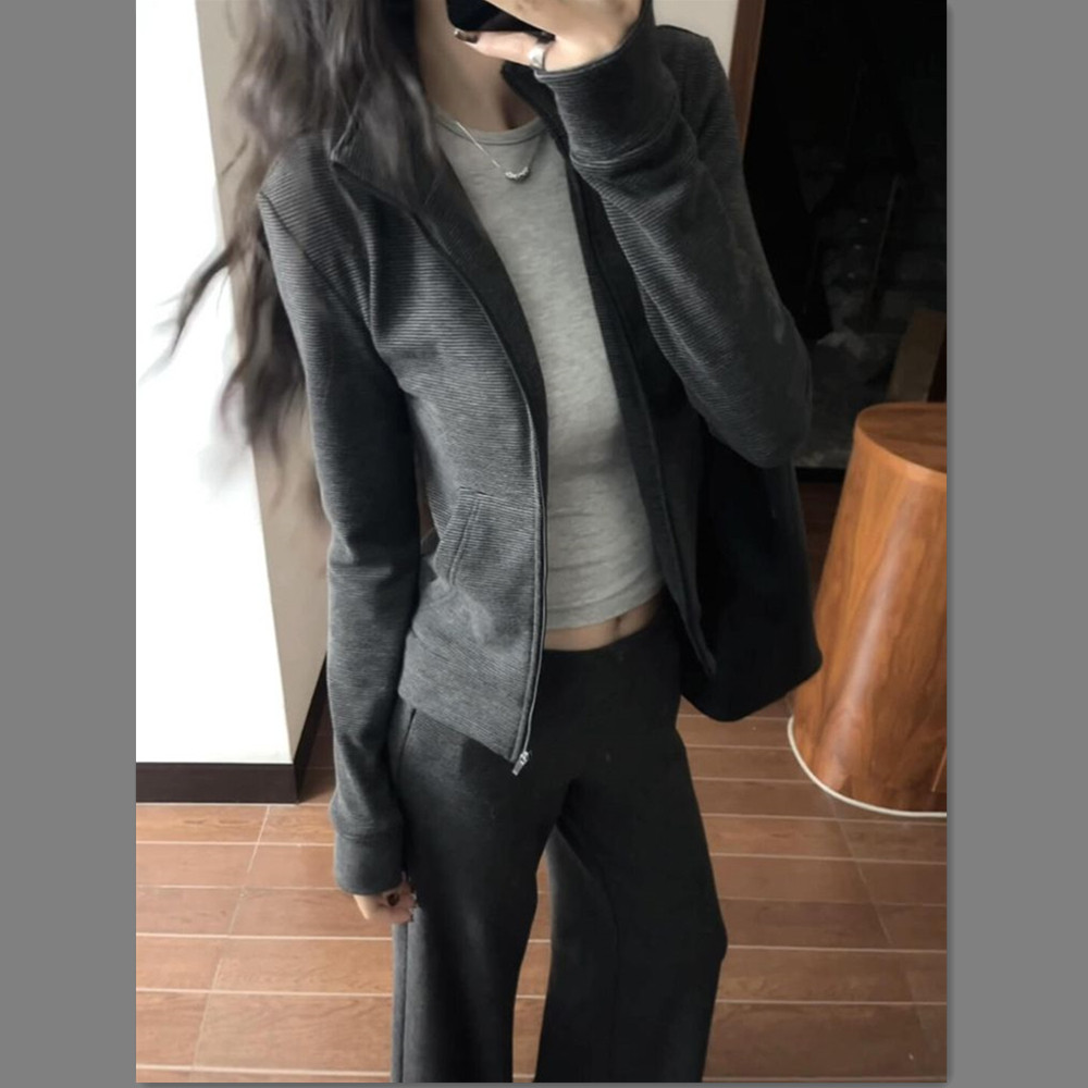 休闲慵懒运动套装女秋季新款韩系条纹立领卫衣一整套